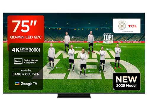 TCL 75Q7C QLED Mini LED Fernseher, 75 Zoll, 4K HDR Premium, Dolby Vision IQ & Atmos, Smart TV mit Google TV, Bang & Olufsen 6.2.2 Sound, 144Hz VRR, AMD FreeSync Premium Pro, HDMI 2.1, AirPlay 2