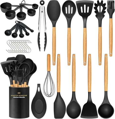 Image of Artek 33 Pieces Kitchen Cooking Utensils Set, 33 pcs Non-Stick Silicone Cooking Kitchen Utensils Spatula Set with Holder, Wooden Handle Silicone Kitchen Gadgets Utensil Set (Black)