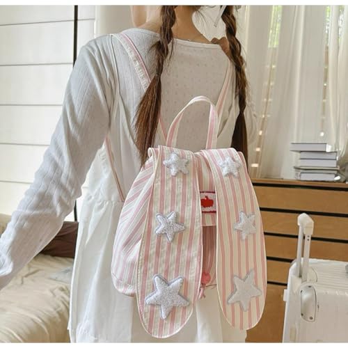 Y2K Cute Wind Rabbit Ears Backpack Female Student Backpack Striped Large Capacity Commuter Backpack (Pink,Small)3