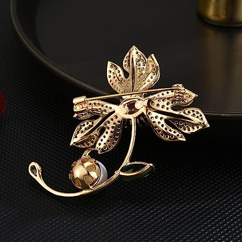 Image of Flower Floral Pearl Brooch Rhinestone Crystal Brooch Leaf Bouquet Brooch Pin Fashion Dress Accessories Birthday Graduation Jewelry Gift For Women