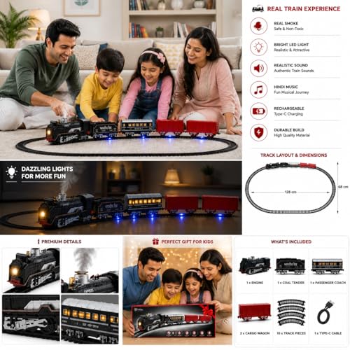 Image of Big Rail Gadi Railway Train Set for Boys | Rechargeable Electric Steam Engine with Multiple Coaches | Smoke, Sound & LED Light Effects Track Toy