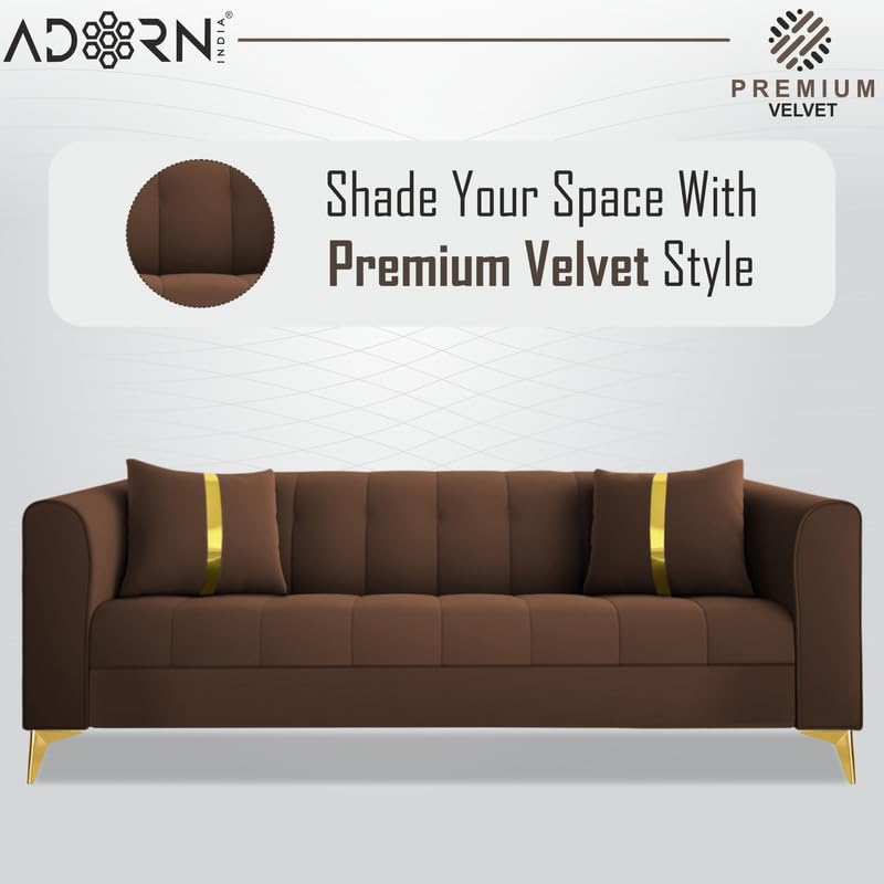 Image of Adorn India Premium Mystic - 3 Years Warranty - 3 Seater Sofa Velvet Suede Fabric - Brown