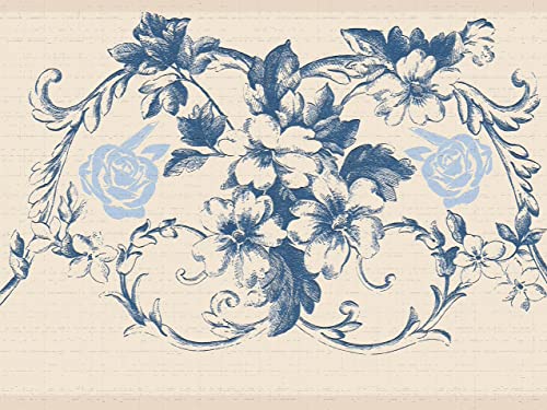 Dundee Deco DDAZBD9108 Peel and Stick Wallpaper Border - Damask Blue Vines Flowers Scrolls Wall Border Retro Design, 15 ft x 7 in (4.57m x 17.78cm), Self Adhesive