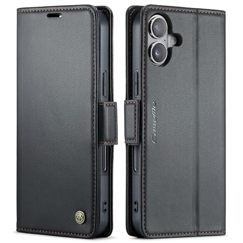 Housse pour iPhone 17 en cuir premium noir avec clapet portefeuille et porte-carte chic
