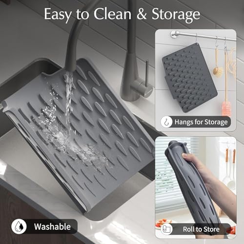 Image of HROY Dish Drying Mat Multi use for Kitchen Counter or Sink with Built-in Drain Lip, Non-Slip Quick Drying Mat, Easy to Clean, Heat Resistant Drying Matt (30 * 25 cm)
