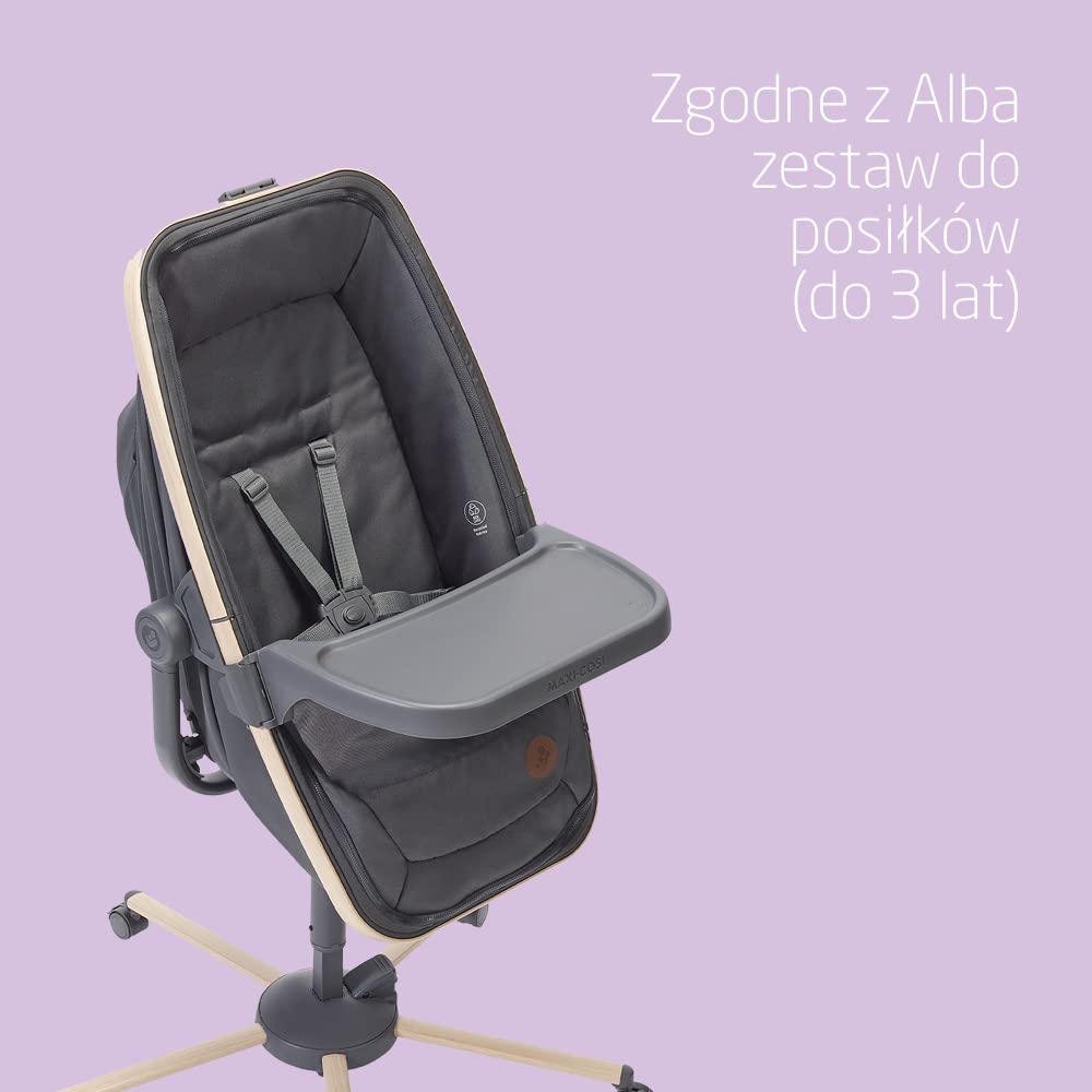 Maxi-Cosi Alba Uniwersalna gondola, łatwe zamienianie zwykłej gondoli na odchylaną i wysokie krzesełko, od urodzenia do 3 lat (15 kg), pasuje do Maxi-Cosi Alba Meal Kit, Beyond Graphite