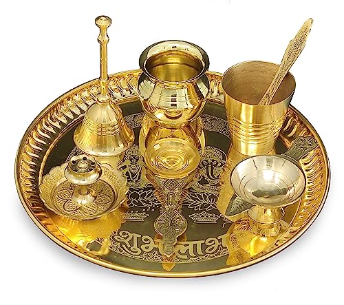 NOBILITY Puja Thali Set Brass Pooja Thali Set 8 Inch with Pital Plate Glass Kalash Spoon Ghanti Bowl Agarbatti Stand Kuber Diya Daily Pooja items for Diwali Home Mandir Office Wedding Return Gift Item