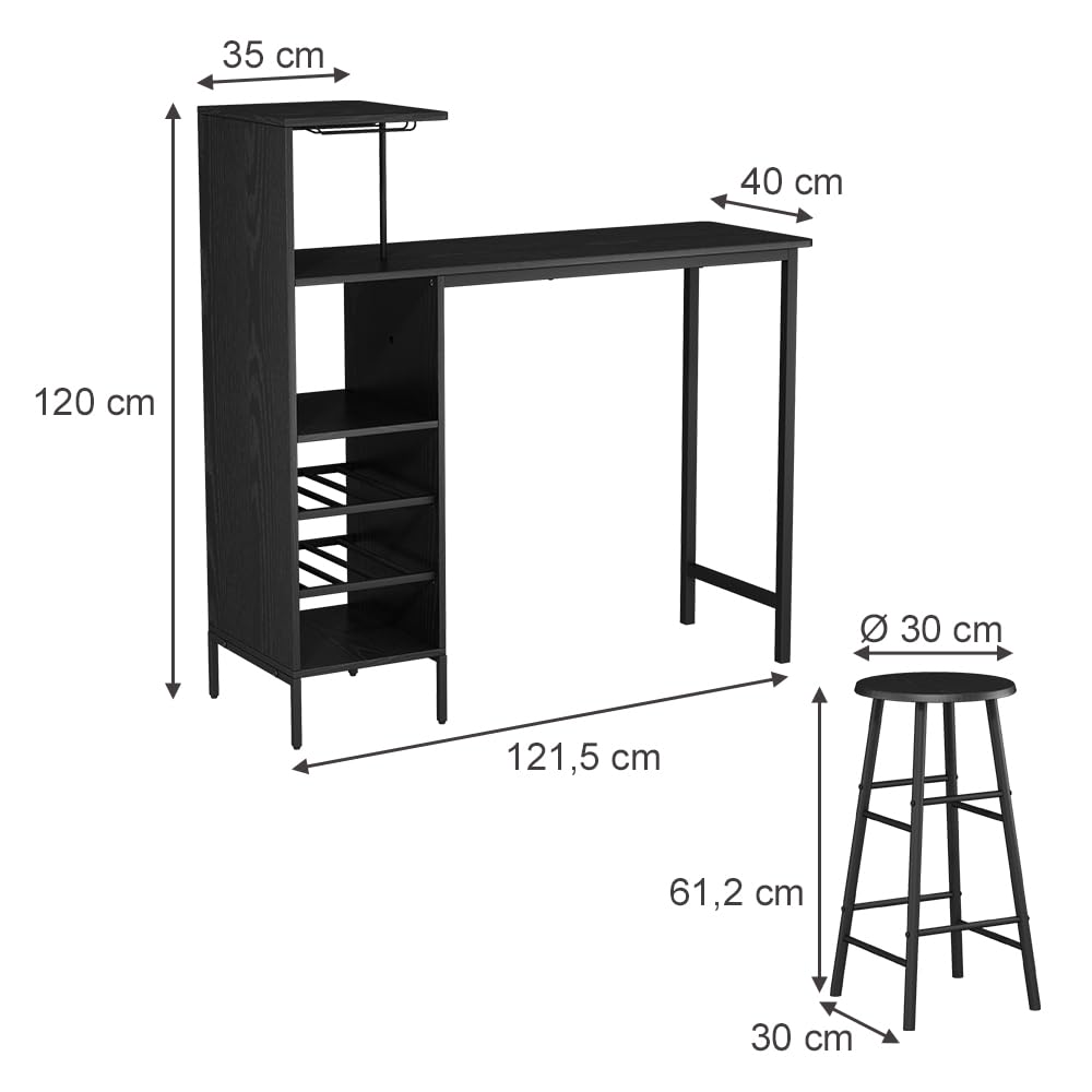 Vicco Juego de Mesa de Bar Naila, Negro, 121.5 x 40 cm con 2 taburetes, Apto como Comedor con Superficies de Almacenamiento para Guardar Objetos