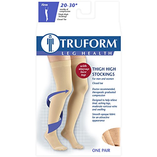 Image of Truform 20-30 mmHg Compression Stockings for Women, Lace Trim Band, Thigh High Length, Closed Toe, Medium
