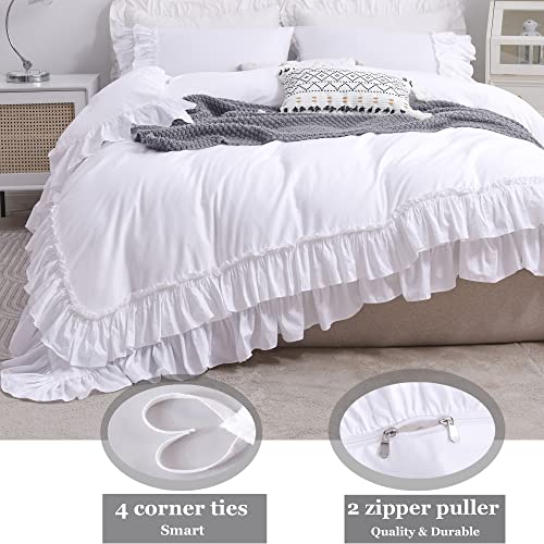Image of QSH Ruffle White Duvet Cover King Size-Washed Cotton Shabby Farmhouse Chic Ruffled Bedding 3pcs(1 Soft Linen Feel Cotton Duvet Cover +2 Ruffle Pillowshams) Aesthetic French Country King Bedding