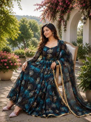 Image of Anveri Women's Floral Printed Anarkali Gown with Dupatta | Ethnic Long Dress for Women | Designer Festive Maxi Kurta Set