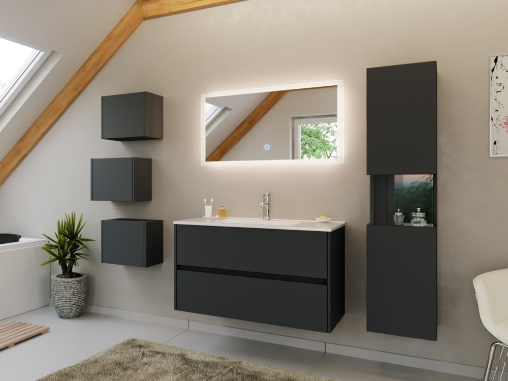 Magnolia Home Badmöbel Set Taifun 4tlg. 100 cm mit LED Spiegel, 3er Boxen & Hochschrank Farbe Grafit