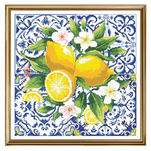 Image of FREEBLOSS 11CT Lemon Stamped Cross Stitch Kits Embroidery Kits with Instruction Cross Stitch Wall Hanging Kit for Needlepoint Adults Wall Art Decoration 18x18in /45x45cm