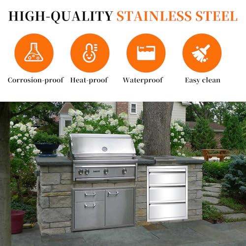 Image of Outdoor Kitchen Drawers 14 inch W x 21 inch H x 23 inch D, Stainless Steel Built-in Drawers, Flush Mount Access BBQ Drawer for Outdoor Kitchens Island, Grill Station