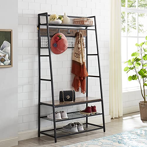 Good & Gracious Entryway Hall Tree 5 In 1 Entryway Bench Coat Rack Mudroom Bench With Storage And Hooks Wood Rustic Brown #TOP25