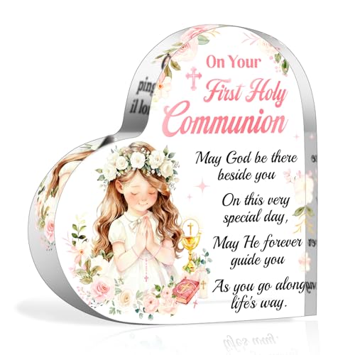 HOWAF First Holy Communion Gifts for Girls Heart-Shaped Acrylic Plaque Keepsake for Table Decorations 1st Holy Communion Gifts for Girls Goddaughter Daughter Granddaughter