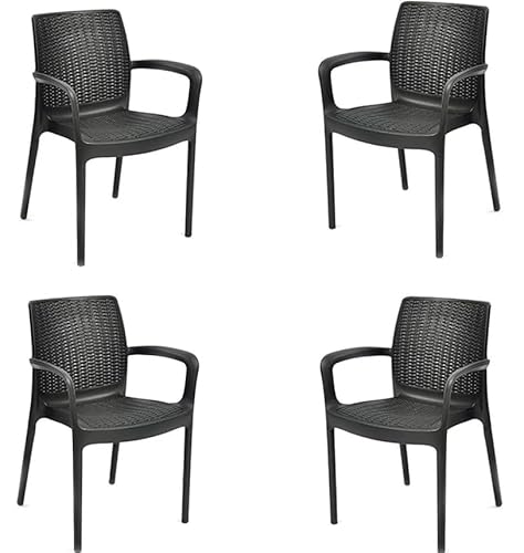 Keter Bali - Lot de 4 chaises de Jardin pour intérieur et extérieur avec accoudoirs, idéales pour Jardins et terrasses, empilable, résine avec Finition en rotin Plat, Couleur Graphite