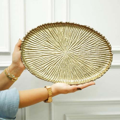 Image of BEHOMA Aluminium Sunburst Pooja Thali Tray, Golden, 24cm | Handcrafted sunburst golden aluminium tray, 24cm; premium pooja thali for temple & Diwali decor.