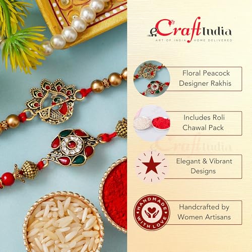 Image of eCraftIndia Set of 2 Kundan Beads Beautiful Peacock Designer Rakhis with Roli Chawal Pack