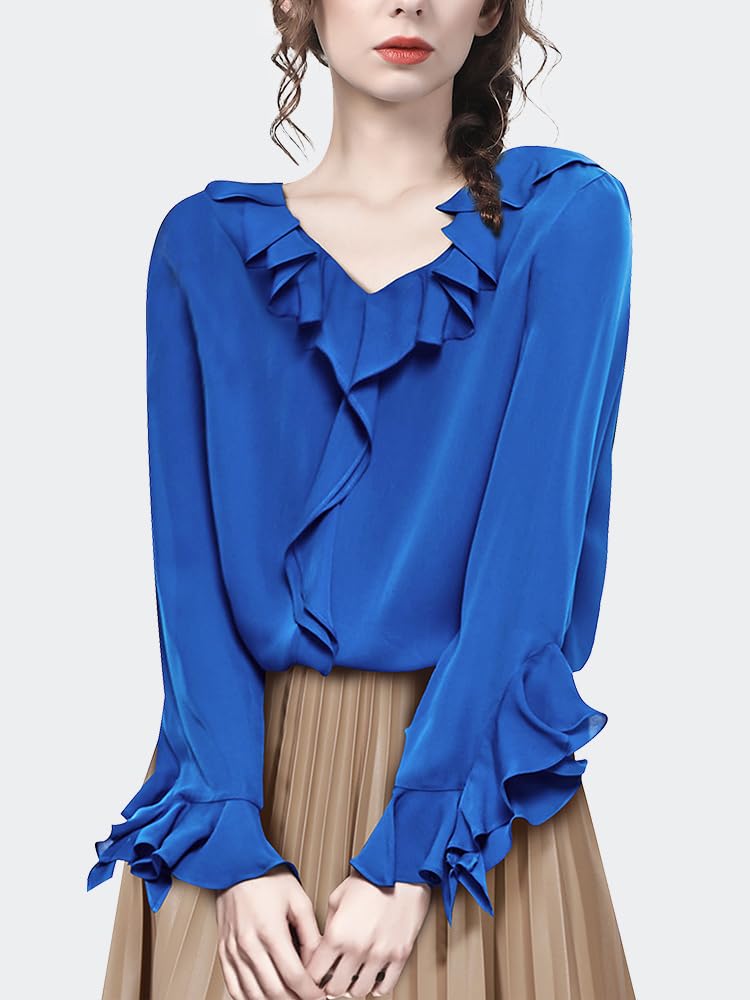 Camisa Tejida Azul con Cuello en V y Manga de Mariposa para Mujer, Blusa Holgada con Volantes para Primavera y Verano, Blusas de Trabajo Informales Suaves y Lisas (Azul M)