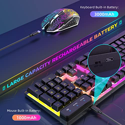 Image of T3 PRO Wireless Keyboard Mouse Combo, USB /Type-C Dual Receiver, Rainbow Backlit 2.4G Rechargeable 4000 Battery Mechanical Feel Gaming Keyboard + 2400DPI 6 Buttons Gaming Mouse + Mouse Pad(Black)