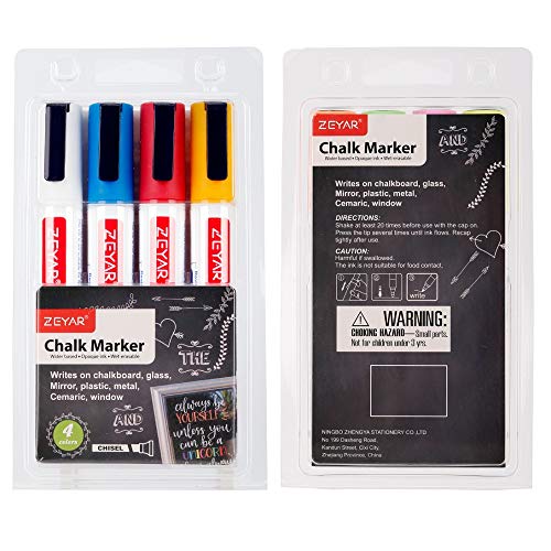 ZEYAR Liquid Chalk Marker-Wet Erase Marker, 6mm Reversible Tip-Bullet or Chisel,Pack of 4, Great Color Options, Writes on Nonporous Chalkboards, Bistro Boards, Windows and Plastic (Basic Colors)