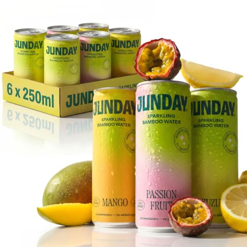 Image of Junday Bamboo Water Variety Pack - Sparkling Flavoured Functional Drink Can - Yuzu Passion Fruit Mango Assortment Bamboo Extract Vitamin C Collagen Support Low Sugar Low Cal Vegan Cans Pack of 6