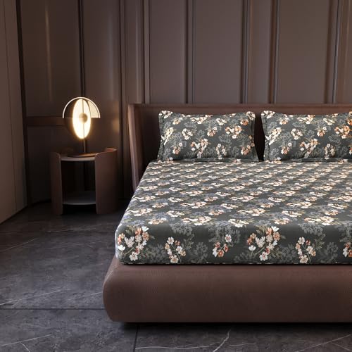 Image of Divine Casa 144 TC Cotton King Size Bedsheet with 2 Pillow Covers | Soft Comfortable Bedsheet for King Size Bed | Breathable Printed Bedding Set | 270 x 270 cm (Graphite Shade, Floral)