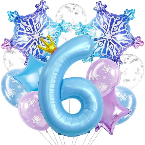 Frozen Birthday Party Decorations, 40 Inch Blue Number 6 Balloon With Crown, Large Snowflake Balloons, 12inch Frozen Purple And Blue Balloons For Winter Wonderland Birthday Decorations