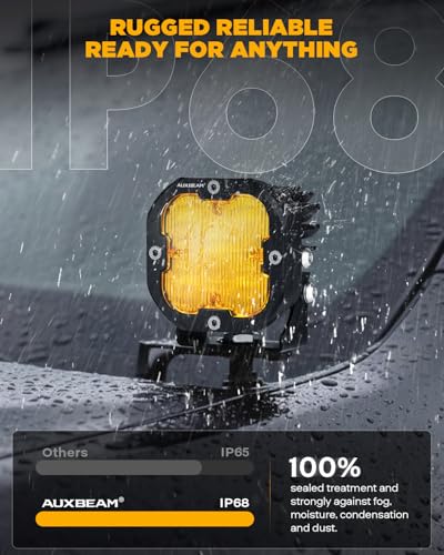 Image of Auxbeam XP-Ultra Series 3 inch Wide Flood Beam Offroad Lights LED Pods 2-Pack | 120 Broad Reflector, TIR Optics, Amber White Dual Color, Light Covers, 80W 9600LM, for Polaris RZR Bronco Tacoma Can-Am