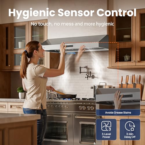 Image of VIKIO HOME 42 inch Range Hood,900 CFM Powerful Vent Hood,Under Cabinet Range Hood with 1.5 Sones Quiet, Gesture Control+Delay Shutdown,Stainless Steel Hood Vents for Kitchen,Dishwasher-Safe Filters