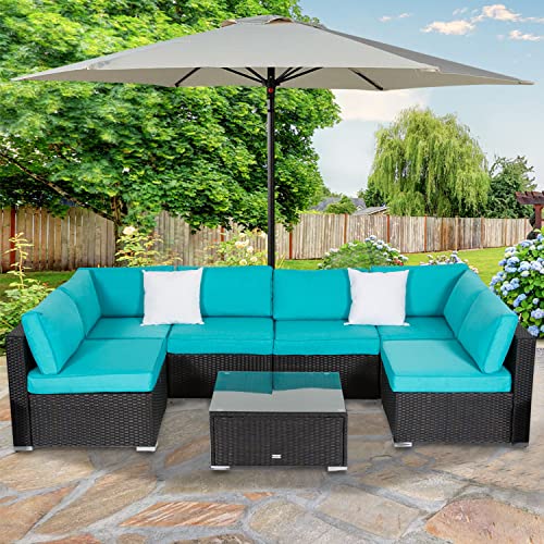 Kinfant Patio Furniture Set Outdoor Sectional Sofa PE Rattan Wicker Conversation Set with Glass Table and Cushions for Porch Balcony Garden Poolside (Turquoise, 7 Pcs)