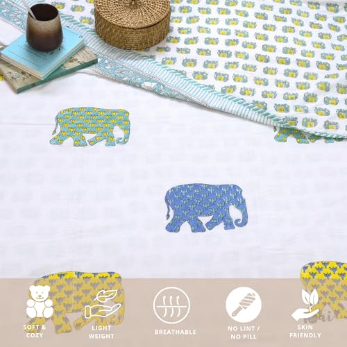 Image of TOAIArt Premium Jaipuri Dohar | AC Blanket Summer Quilt | Hand Block Printed | 3 Layers | Reversible | 150GSM 100% Mulmul Cotton | 100% Cotton Flannel Filling | Single 60 inch X 90 inch | Multicolor Elephant