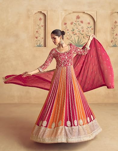 Image of Miss Ethnik Women's Pink Chinon Stitched Gown with Dupatta 3 /4 Sleeve Embroidered Anarkali Gown (ME-1231)