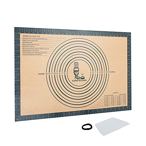 SUPER KITCHEN Extra Dick Rutschfeste Backunterlage Antihafte Backmatte Silikon Groß Teigunterlage Ausrollmatte XL Silikonmatte Dauerbackfolie Teigmatte mit Teigschneider, Fondant Pizza Matte 60 x 40cm