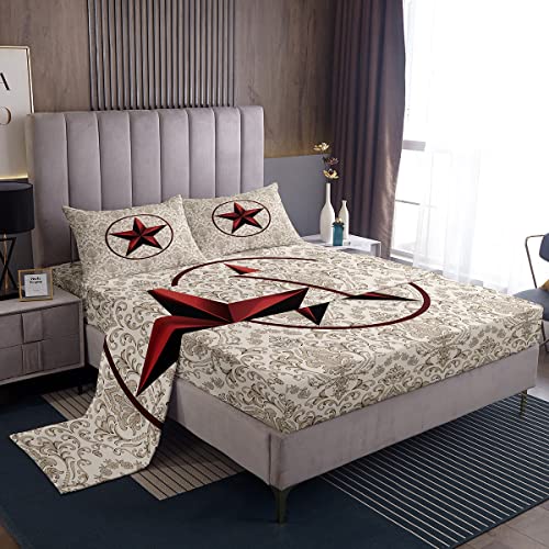 Erosebridal Red Western Texas Star Bed Sheets Gothic Vintage Floral Damask Fitted Sheet,Antique Victorian Baroque Sheet Set Retro Circle Rustic Bed Cover King,Bohemian Exotic Flowers Room Decor #TOP16