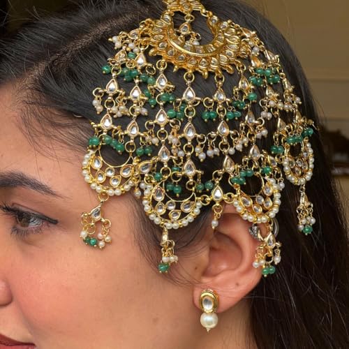 Image of Green Kundan Golden Passa /Paasa /Jhumar /Jhoomar Traditional /Ethnic /Wedding /Nikaah /Hair Jewellery /Hair Accessory for Girls /Women PK-5238