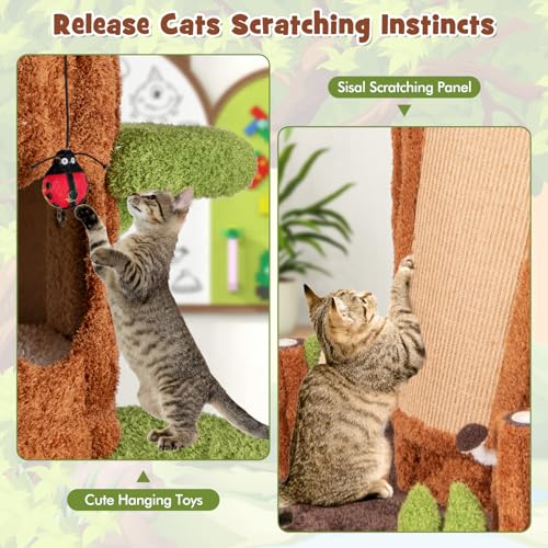 Image of PETSITE 90.5 Inch Tall Cat Tree, Tree-Like Modern Cat Tower with Sisal Scratching Pad, Five Cat Condos, Cute Hanging and Spring Toys, Large Cat Tree Tower for Indoor Cats (Brown)