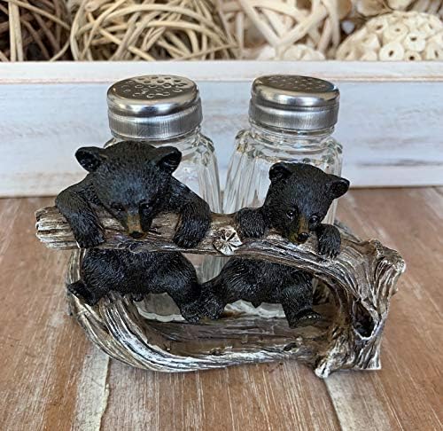 De Leon Collections Polyresin 2 Cute Woodland Black Bear Cubs Playing on Branch Rustic Cabin Salt and Pepper Shaker Holder Set image 4