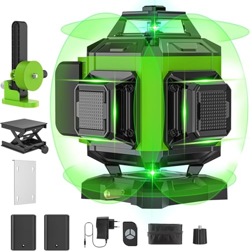 Nivel Laser Autonivelante 4 x 360 °, Nivel Laser Verde 16 Líneas, 2 x 360 Horizontal y 2 x 360 Líneas Láser Verticales, 2 Batería, Nivelación Automática, Soporte Giratorio, Mando a Distancia