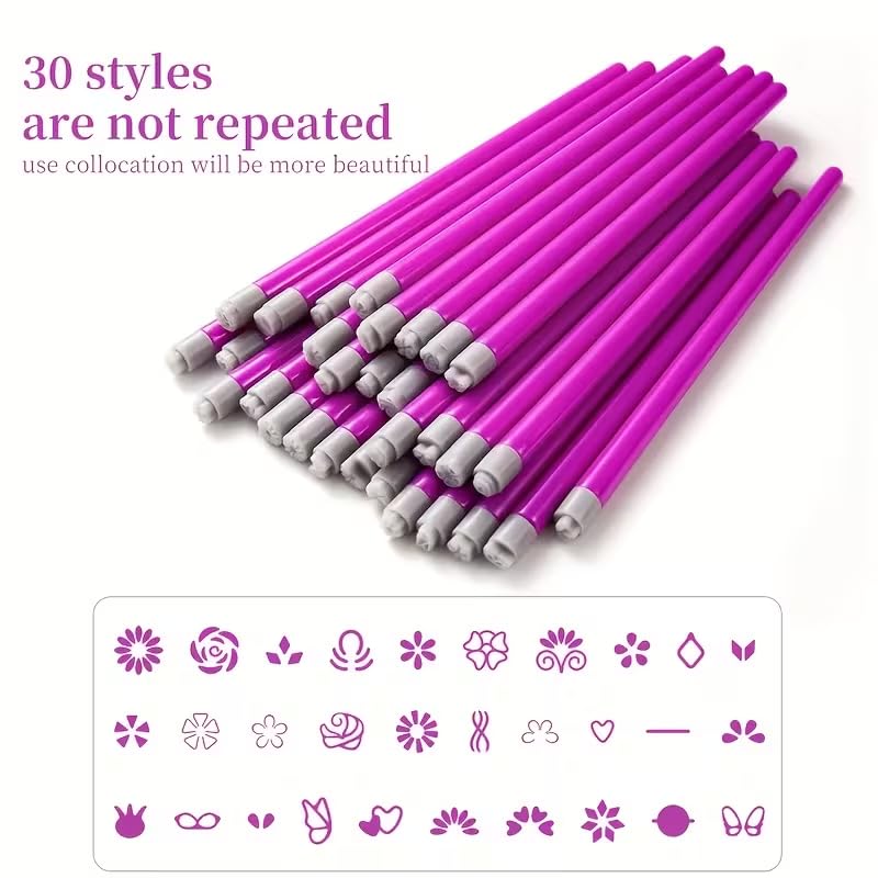 30Pcs Nail Art Stamp Pen Set: Flower, Butterfly & Rose Pattern Nail Stamping Pens with Clean-Up Brush, DIY Manicure Design Tools for Home & Salon Use