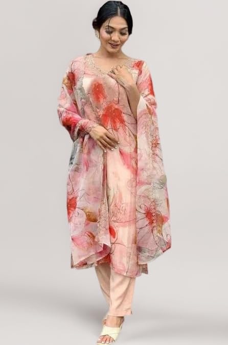 Cotton Blend Embroidered V Neck Kurta Set for Women | Straight Fit Kurta with Pants & Dupatta | Casual Office Wear Ethnic Kurti for Women