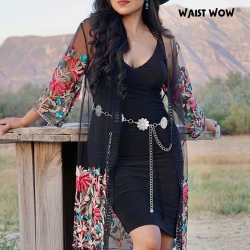 Waist Wow Western Concho Chain Belt for Women Cowgirl Gold Chain Belts for Women Dresses Jeans Country Concert Outfit,Silver — view 4