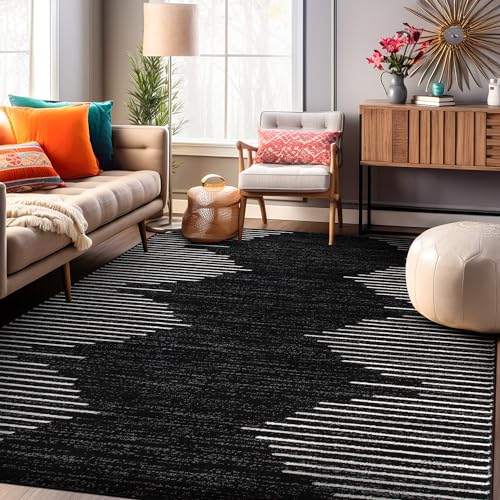 Rugshop Bohemian Stripe Stain Resistant High Traffic Living Room Kitchen Bedroom Dining Home Office Area Rug 5’x7′ Black
