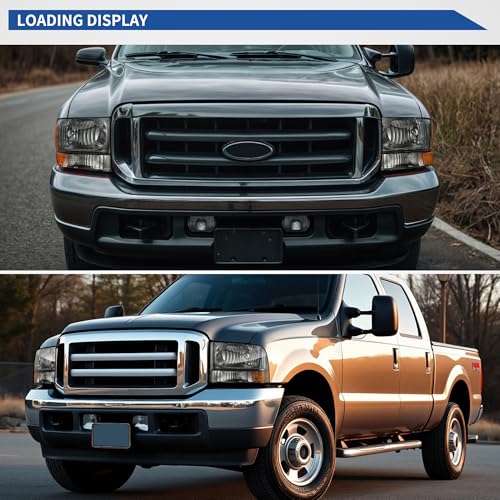 Image of oEdRo Headlight Assembly Compatible with 1999-2004 Ford F-250 F-350 F-450 F-550 Super Duty /2000-2004 Ford Excursion OE Headlamp Replacement Chrome Housing Amber Reflector Smoked Lens