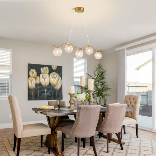 Image of Modern Linear Globe Chandelier Gold 5-Lights Mid Century Linear Chandelier for Dining Room Clear Glass Globe Light Fixture for Kitchen Island Living Room