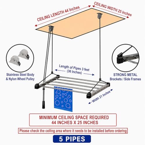Image of Purnima Marketing PM Heavy Duty Stainless Steel (5 Pipe X 3 Feet) ECODRY Model with UV Protected Nylon Rope Ceiling Cloth Dryer | Cloth Drying Stand for Balcony | Clothes Stand for Drying