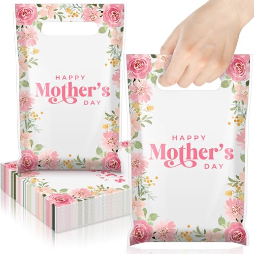 AmazingSpark 100 Pcs Mother's Day Plastic Gift Bags with Handles Pink Floral “happy Mother's Day” Plastic Party Favor Bags for Best Mom Gifts, Birthdays & Celebration Supplies