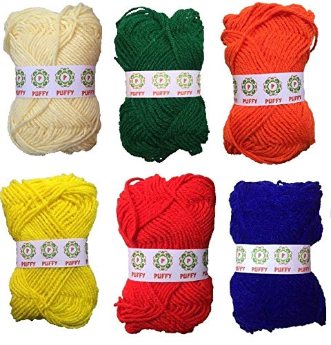 Puffy® 6 pc Combo Wool Ball. Hand Knitting Art Craft Soft Fingering Crochet Hook Yarn, Needle Knitting, Multicolor Dyed Thread