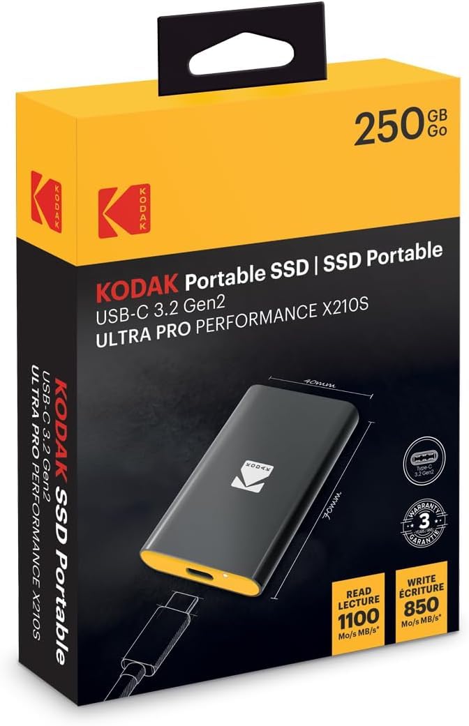 Kodak - SSD esterno portatile X210S - Alluminio - USB 3.2 Gen2 - Compatibile con PC Mac PS5 Xbox - 250GB - Leggero - Cavo USB-C Incluso - per il gioco e il lavoro